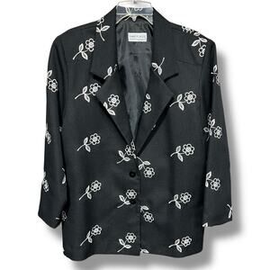 Vintage Three Flaggs Womens Slouchy Blazer Suit Jacket Floral Embroidered Black